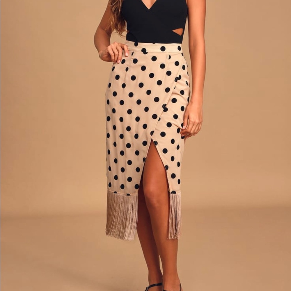 Beige polka dot fringe faux wrap midi skirt